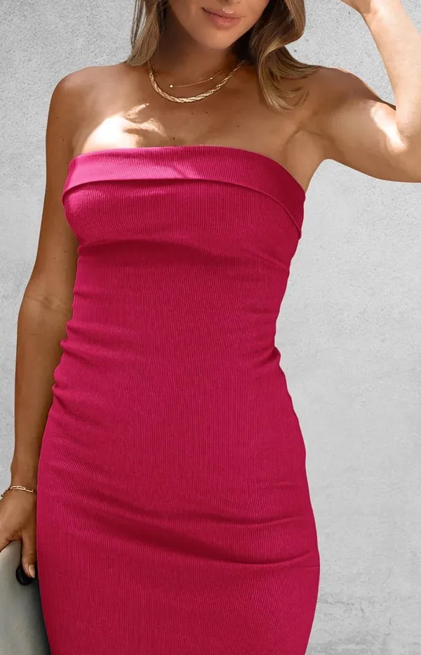 PRETTYGARDEN Pink Bodycon Ribbed Strapless Side Slit Dress - Image 3