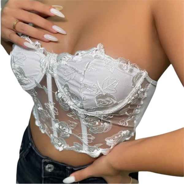 SHEIN White Lace Floral Corset Bustier Strapless Top Size Small Sheer Boned - Image 6