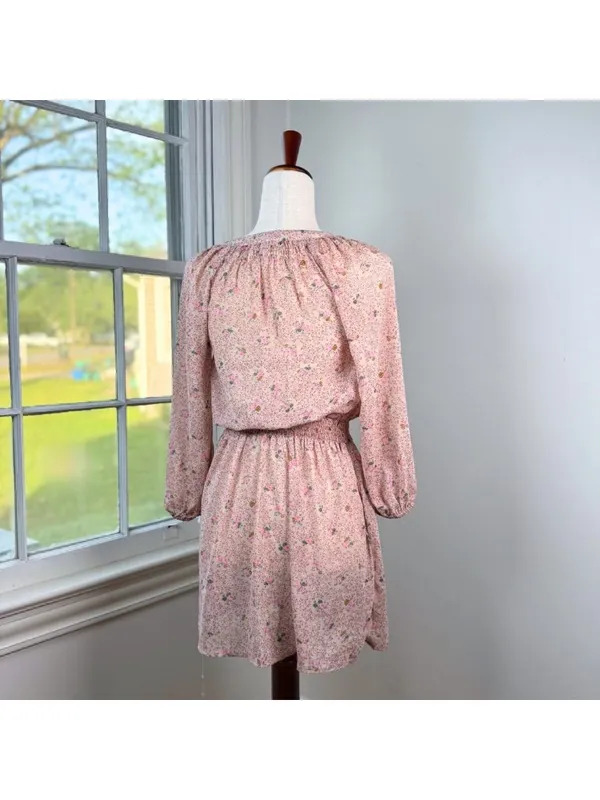 Pink Ditsy Floral Sheer Chiffon Smocked Dress XS Cottagecore Peasant Milkmaid - Image 4