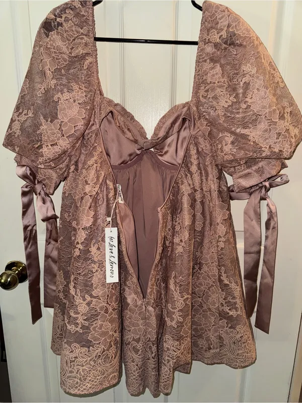 For Love & Lemons Size L Mauve Lace Puff Sleeve Mini Dress Satin Bow Ties - Image 11