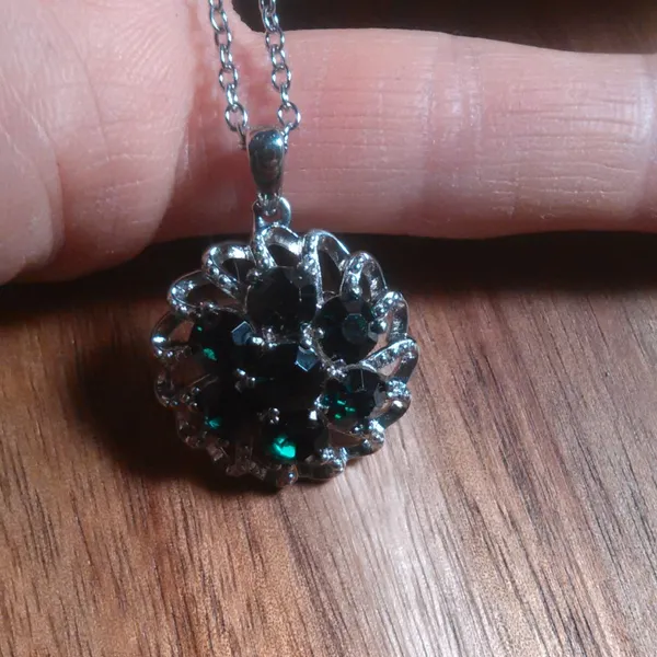 Green Crystal Floral Platinum over Brass Pendant Stainless Steel Necklace - Image 12