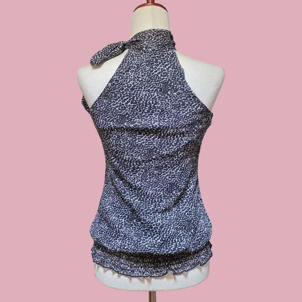 Sequin Hearts Y2K Lepard Print Grey Sleeveless Bow Collar Top - Image 2