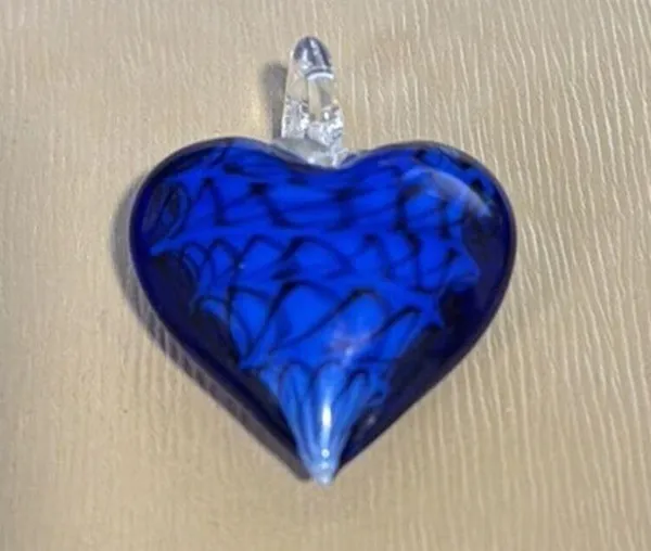 Hand-Blown blue Glass Heart Pendant Floral Swirl Designs pop of color 90s vibe - Image 2