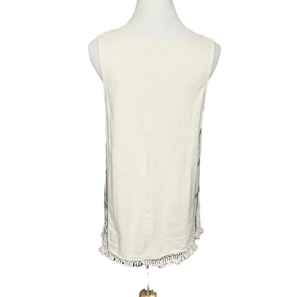 Madewell Cream And Navy Boho Embroidered Relaxed Tank With Fringe M - Image 3
