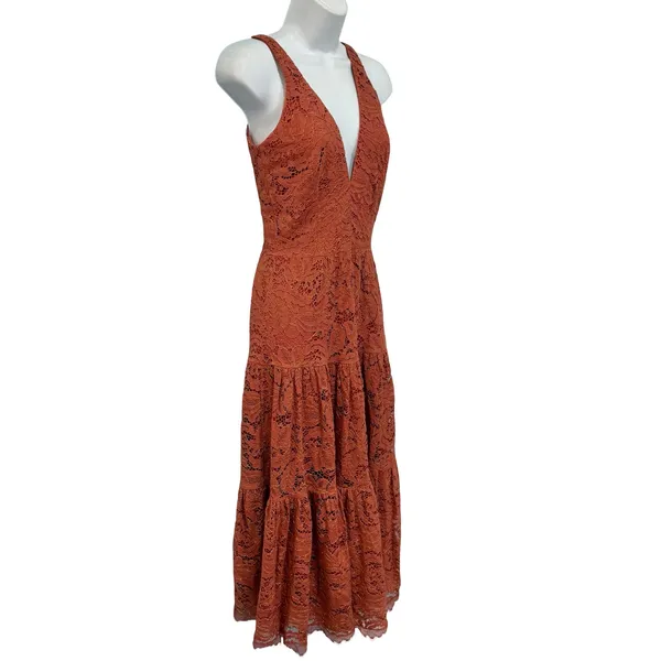 Dress the Population Burnt Orange Gold Lace Tiered V-Neck Midi Dress size S - Image 11