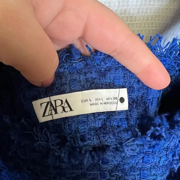 Zara Blue Tweed Mini Dress Pinafore‎ Frayed Trim Pearl Button Large L 8920/221 - Image 6