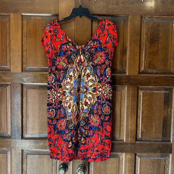 Anthropologie Maeve Women’s Red Medallion Mini Shift Dress‎ Size XS Abstract - Image 4