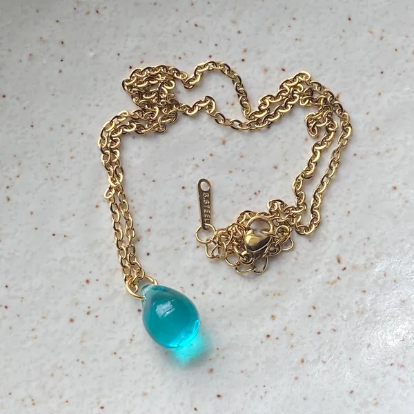 Handmade aqua teardrop Czech glass simple minimalist gold chain necklace💙 - Image 5