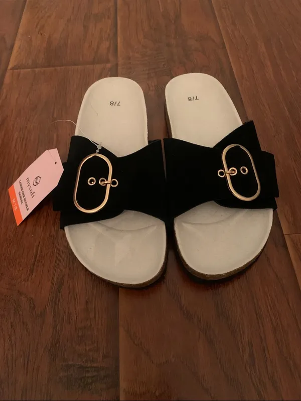 Women’s Black Slide Sandals with Gold Buckle Hardware - Image 2