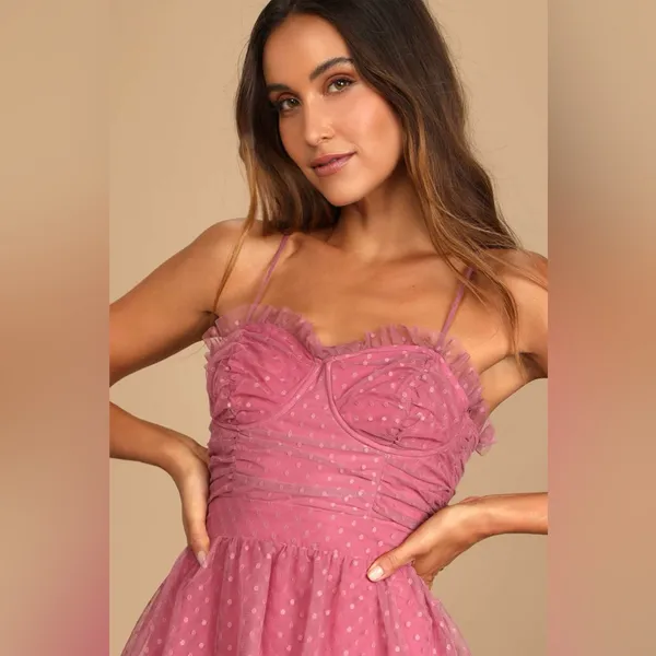 Lulus Sweetheart Style Mauve Polka Dot Bustier Tiered Midi Dress Size Small NWT - Image 3