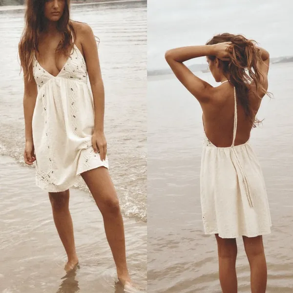 ZARA Mini Dress with Studs Sleeveless V-Neck Braided Straps Ecru White XL NWT - Image 2