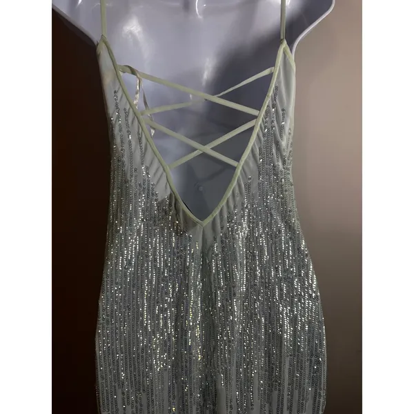 Wildfox Couture White Label Waterfall‎ Gown Mint Green Sequin Lace Up Back Dress - Image 6