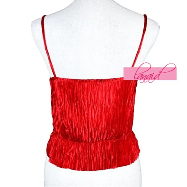 Crinkle Effect Peplum Tank Red Shiny Silk Satin V-Neck Cami Camisole Top M - Image 5