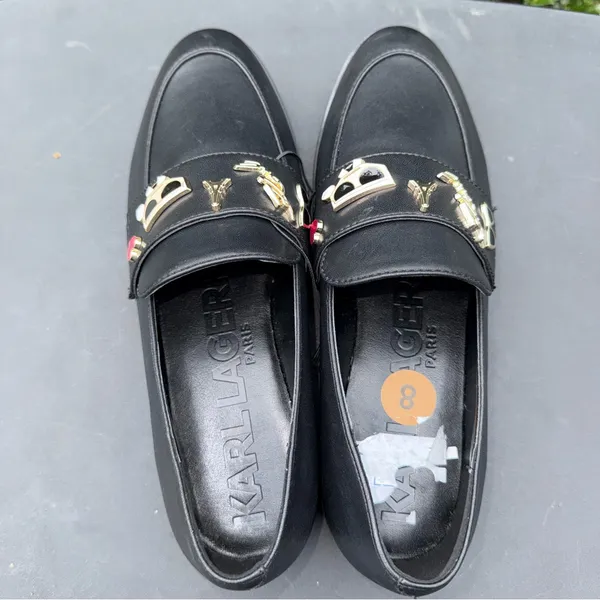 Karl Lagerfeld Black Leather Loafers with Gold Accents Women’s Size 8 NWT - Image 7