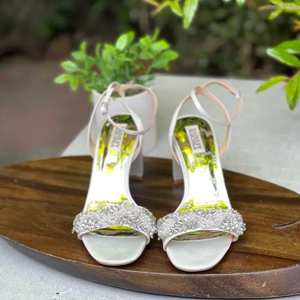 Badgley Mischka White Jeweled Block Heel Sandals - Image 13