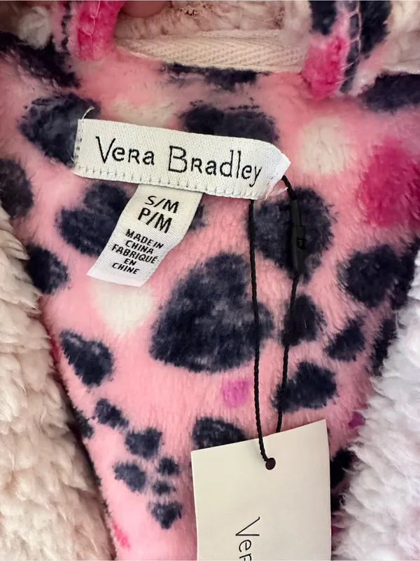Vera Bradley Pink and Black Heart Print Plush Robe with Sherpa Hood - Image 2
