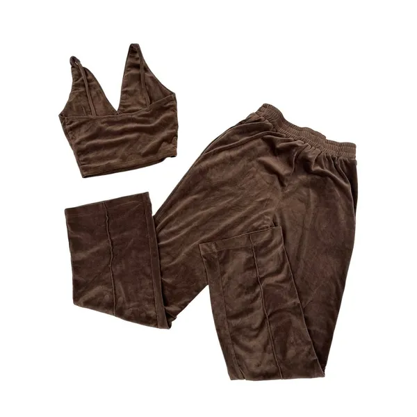NIA - V Neck Sleeveless Velour Tank & Wide Leg Pants in Chocolate Brown - Image 5