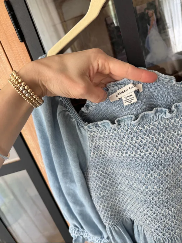American Eagle babydoll top Denim Smocked Peplum square Puff Sleeve Embroidered - Image 3