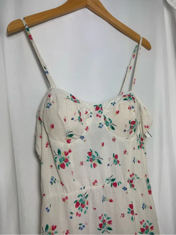 Floral Cream summer garden party linen blend Spaghetti Strap Midi Dress M NWT - Image 2