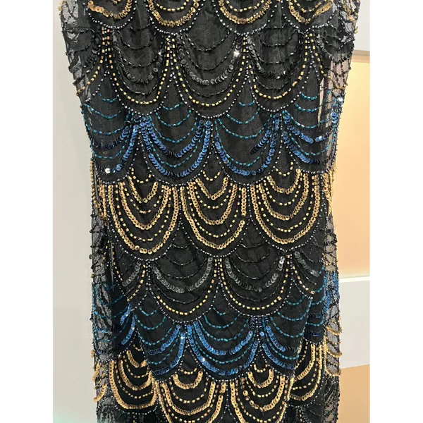 Vintage Art‎ Deco Beaded Scallop Mini Dress Navy Gold Iridescent Flapper - Image 4