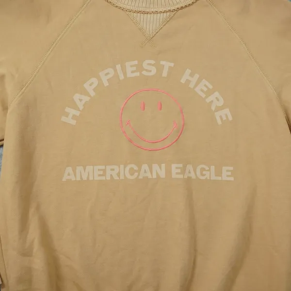 American Eagle Happiest Here Smiley Face Sweatshirt Tan Cozy Loungewear Casual‎ - Image 2