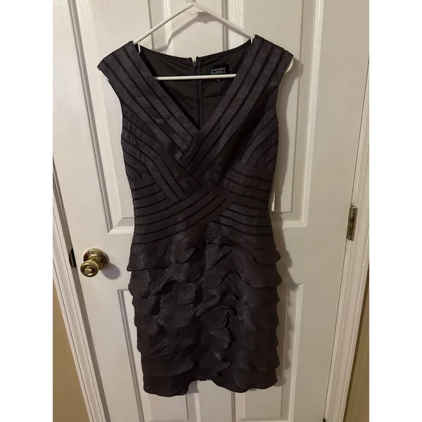 Adrianna Papell Womens Metallic Tiered Ruffle Cocktail‎ Dress Charcoal Grey 8 - Image 2