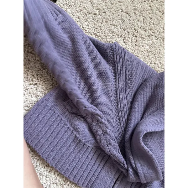 y2k Purple Zip Up Cardigan Sweater Cable Knit Lilac Ribbed Pockets Apt 9 Large - Image 3