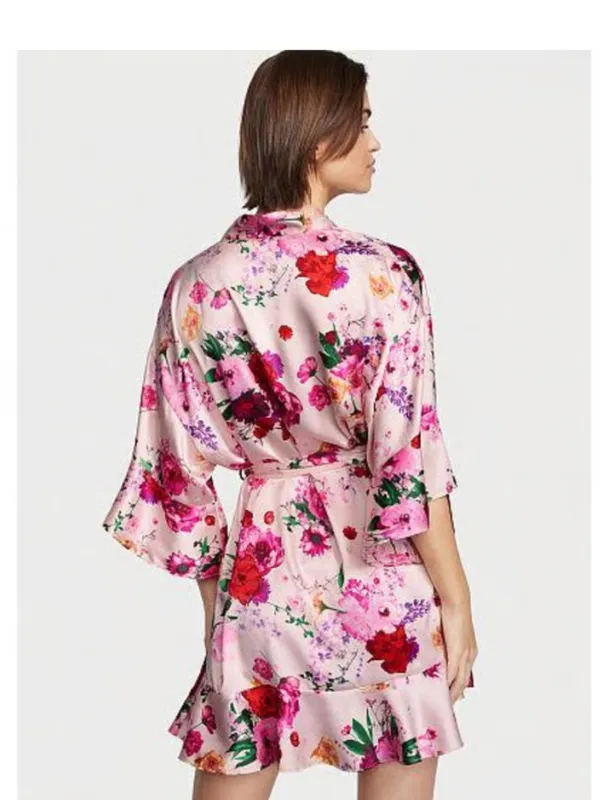 Victoria's Secret Pink Floral Satin Robe with Purple Blooms - Image 2