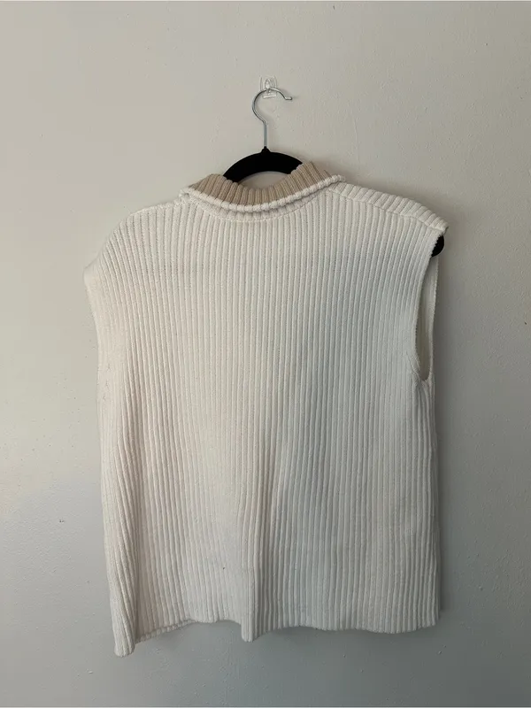Haven Ribbed Half-Zip Sweater Vest in Cream with Tan Collar - Image 2