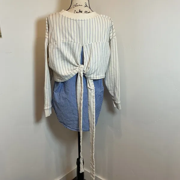 Anthropologie Mixed Media Pinstripe Tie Back Sweatshirt Top Blue Cream Medium M - Image 5