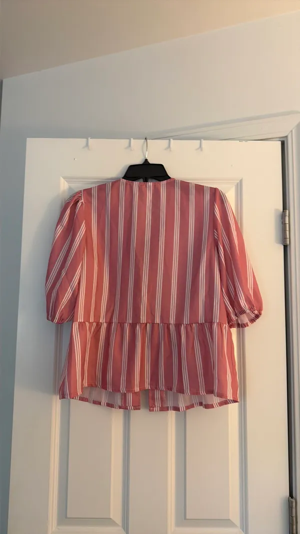 SundayUp Pink and White Striped Puff Sleeve Peplum Bow Ties Blouse - Image 2
