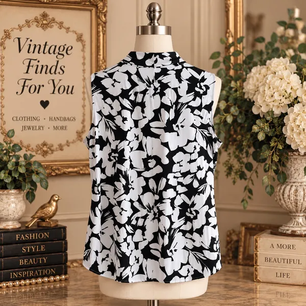 Calvin Klein Black & White Floral Sleeveless Blouse XL - Image 2