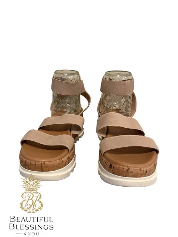 Steve Madden platform Sandals Women 8.5 Beige Elastic Strap Cork Wedge Comfort - Image 2