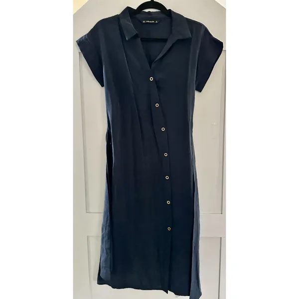 ZARA Basic Navy Blue Shirt Dress Midi Button Front Belted Womens XS - Image 4