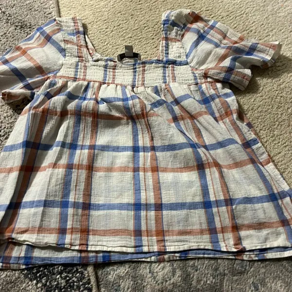 Alexander Jordan Blouse‎ Cream/Multi Plaid, sz M - Image 6