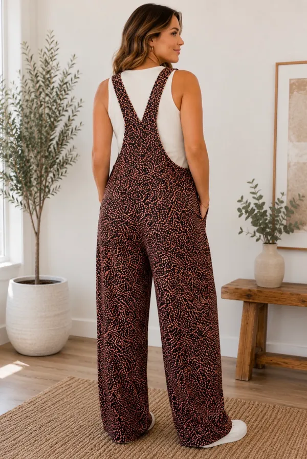 Sm Wardrobe Adjustable Strap Printed Wide-Leg Overalls in Rust Brown - Image 2