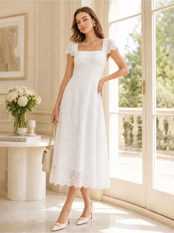 Rihoas White Square Neck Embroidery Midi Dress - Image 2