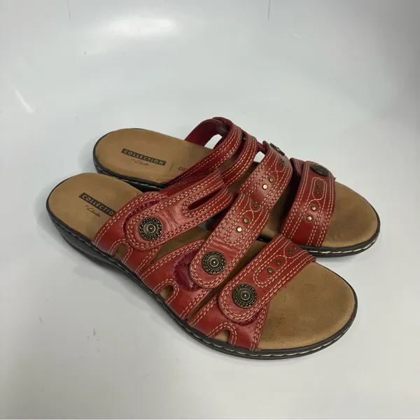 Clarks Leisa Grace red leather slide sandals women’s size 7‎ boho comfort shoes - Image 2