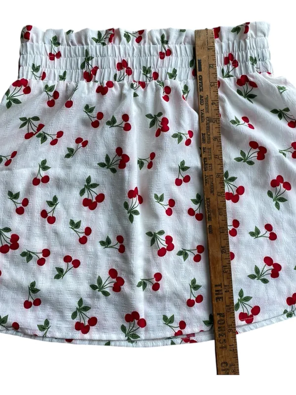 Anthropologie Cherry Print Mini Skirt White Red Fruit A-Line Smocked Waist M - Image 4