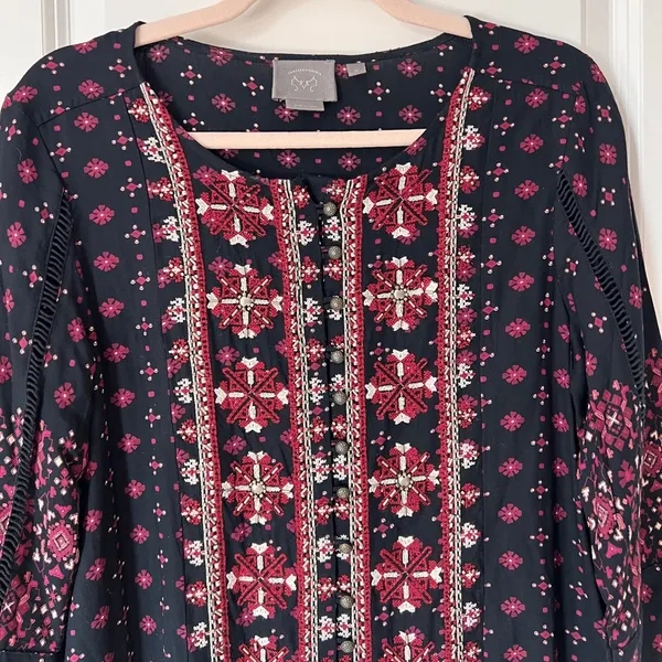 Anthropologie Vanessa Virginia Black Red Embroidered‎ Mini Dress Viscose Medium - Image 3