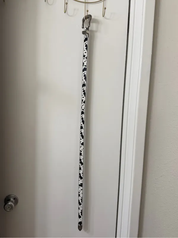 Western-Style Black and White Cow Print Belt with Silver Buckle - Image 3