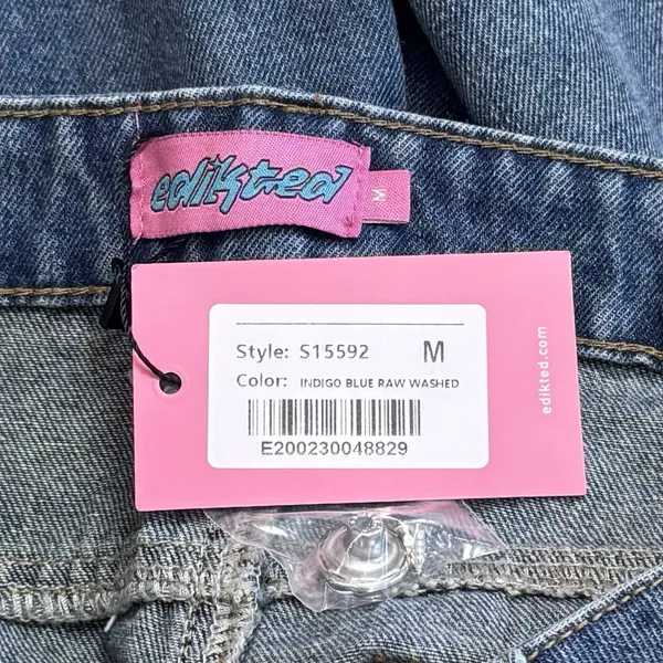 NEW Edikted Mid Rise Wide Leg Distressed Jeans‎ Color Indigo Blue Raw Washed M - Image 9
