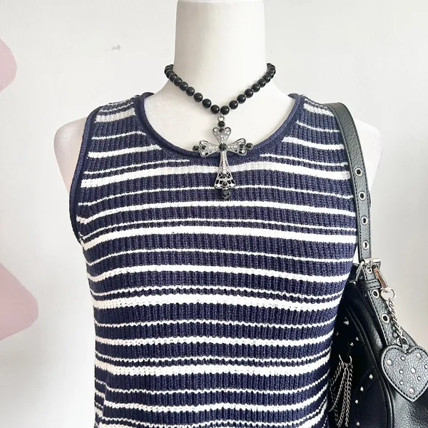 Navy Striped Knit Tank‎ Top, Coastal Chic, Old Money, Minimalist, Preppy, Medium - Image 2