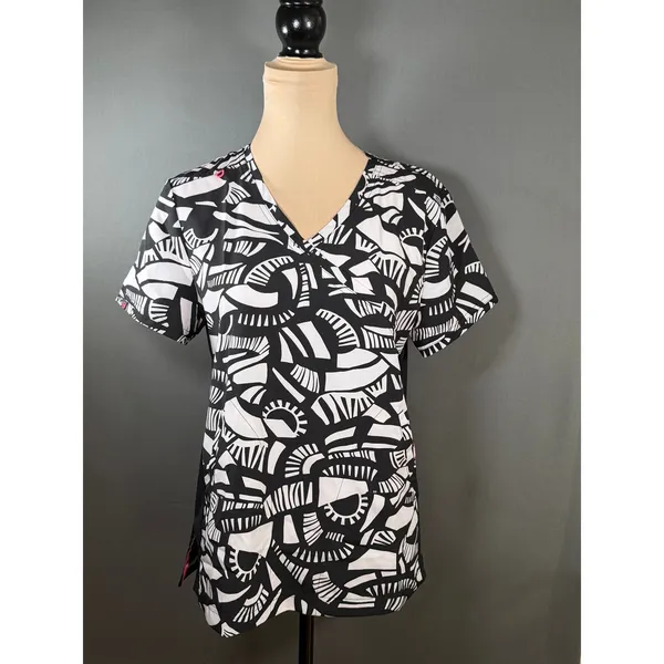 Koi Lite Scrub Top Womens M Black White Geometric V Neck Stretch 316PR - Image 13