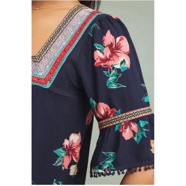 By ANTHROPOLOGIE Dakota Floral Embroidered Top Blouse Peasant Square‎ Neck Large - Image 4