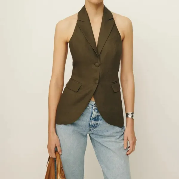 Reformation | Brennan 100% Linen Halter Vest Top in Dark Olive Green‎ - Image 4
