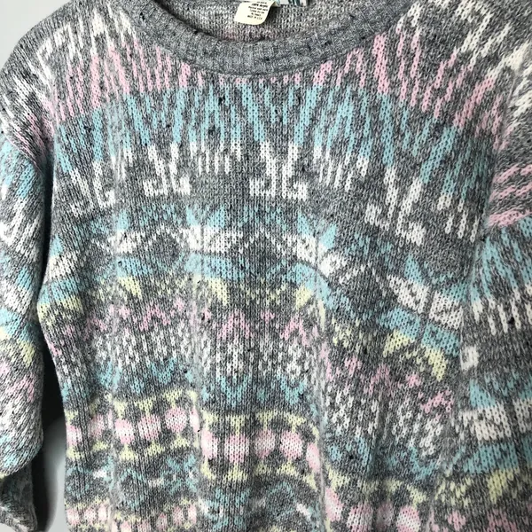 Vintage fair isle gray nordic thick sweater neutral pullover lodge medium chunky - Image 6