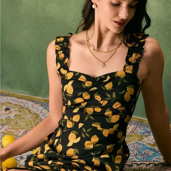 RIHOAS The Black Sweetheart Neck Lemon Midi Dress - Image 4