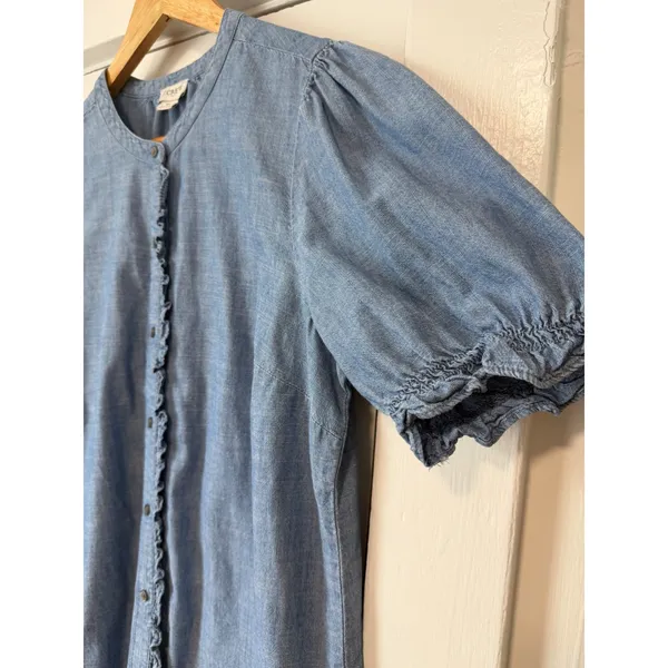 J.Crew Re-Imagined Blue Chambray Ruffle Trim Puff Sleeve Button Top Medium - Image 6