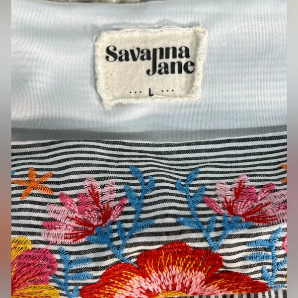 Savanna Jane White Striped Ruffled Dress Floral Embroidery Red Yellow Orange - Image 2